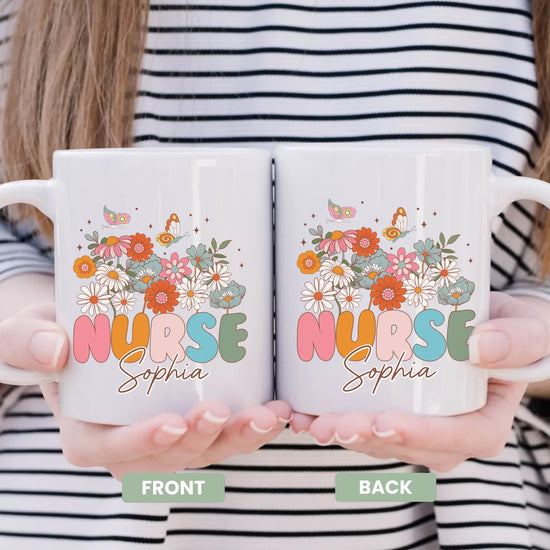 Personalized nurse mug, front view, custom name gift for a hero