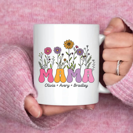 Mama Wildflower Mug personalized kids' names coffee mug front view