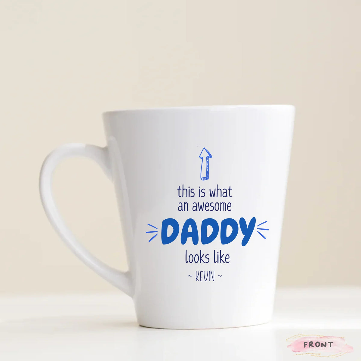 Personalized mug handle detail, custom kid's name on Awesome Daddy dad gift