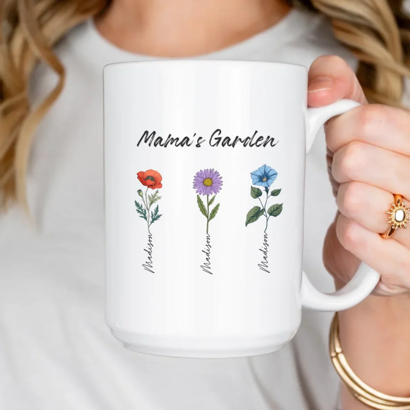 Mama's Little Flowers personalized mug, front view with custom design, gift for mama