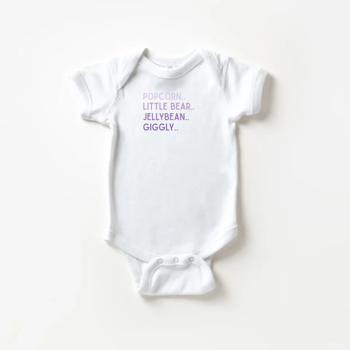 Tiny Nickname Big Personality bodysuit - white personalized infant bodysuit, flat lay front view