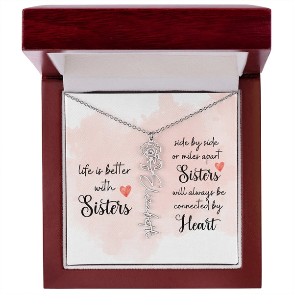 Birth Month Flower Connected By Heart necklace - June birth flower charm, gold finish, gift for sisters
