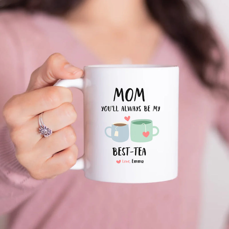 My Best Tea personalized mug, model holding mug, front view