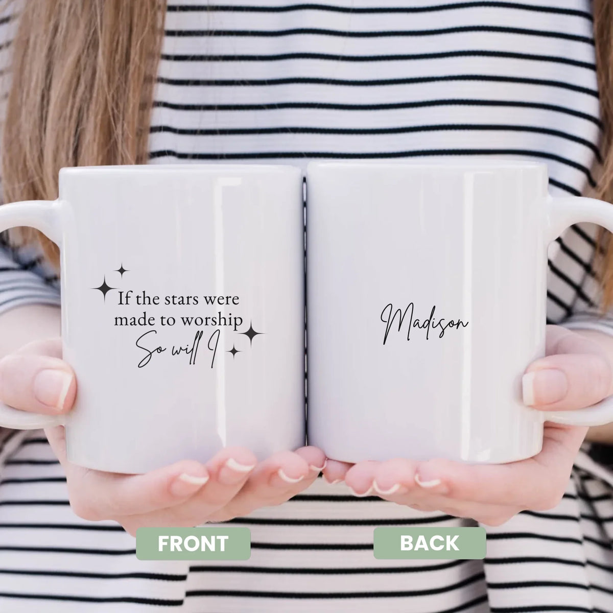 Created to Worship personalized mug, front view with custom design