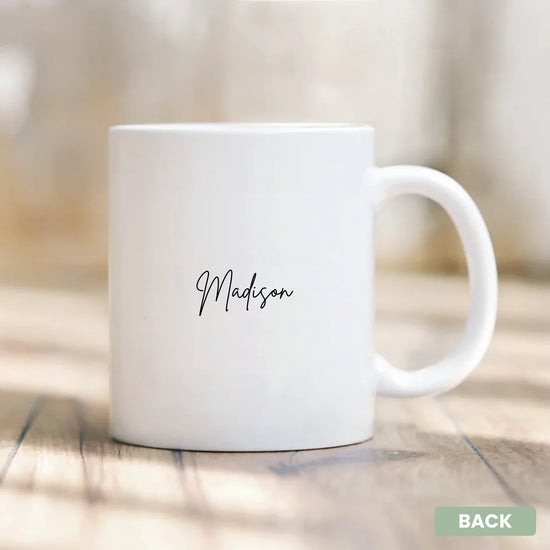 Close-up of custom name on the Created to Worship 11oz ceramic mug
