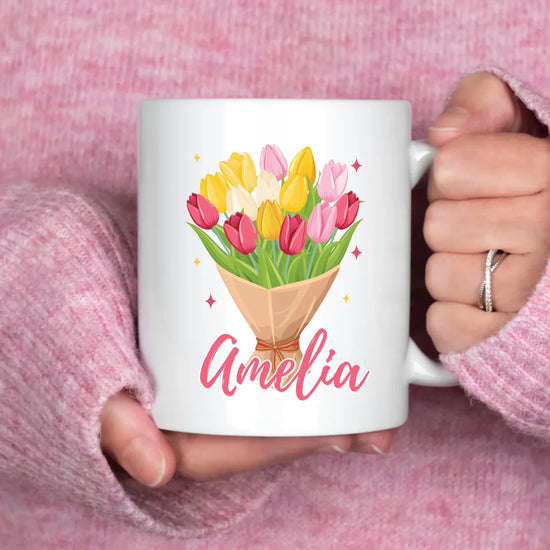 Personalized Bloom By Birth ceramic mug with custom birth flower design, gift for mom