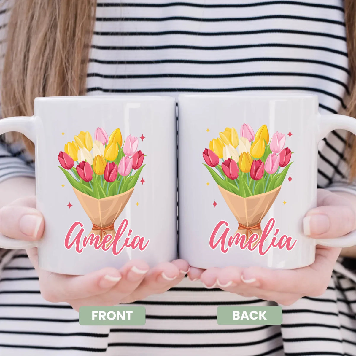 Bloom By Birth mug side view, personalized birth month flower illustration for mom
