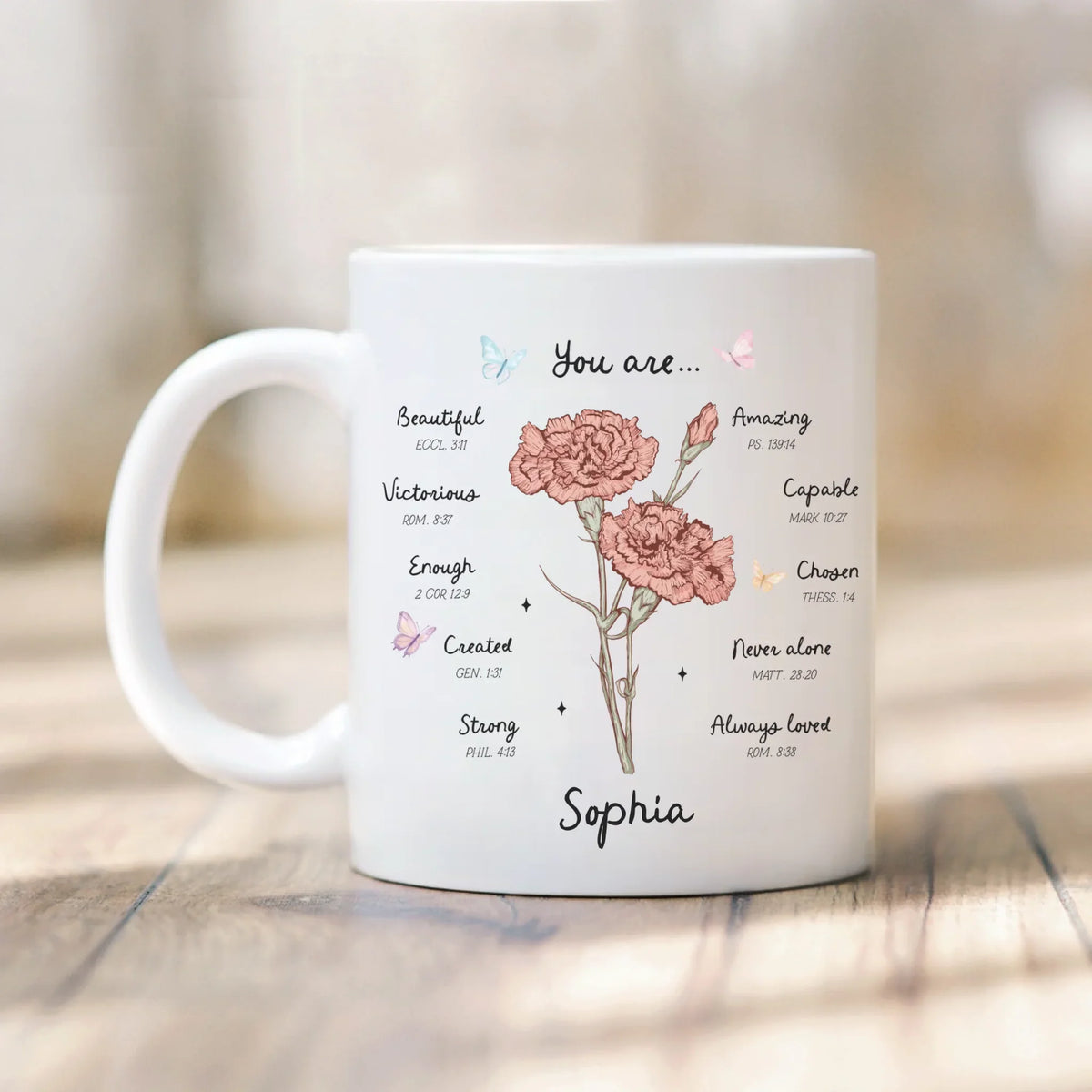 Personalized 11oz ceramic mug "Chosen & Loved" with custom name, Christian gift for daughter