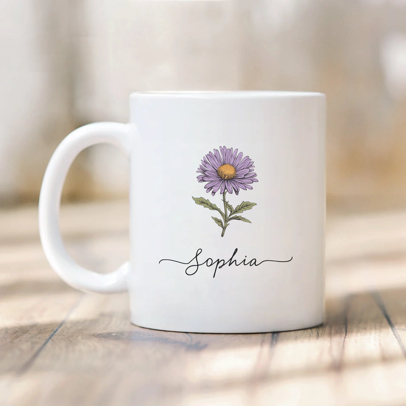 Elegant Birth Month Flower personalized mug, front view with custom design