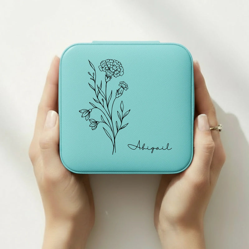 Birth Month Flower personalized mini jewelry box in Tiffany Blue - bridesmaid gift