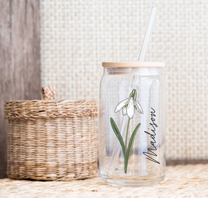Timeless Birth Blooms – Gift for Bridesmaid – Personalized Glass Can