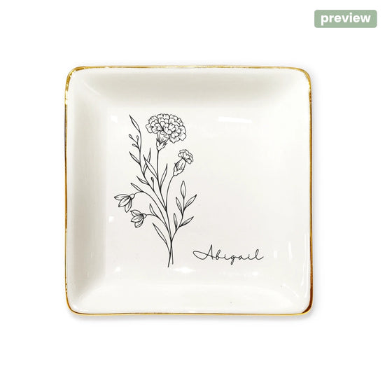 Personalized Birth Flower Ceramic Ring Dish - Gift for Bridesmaid - Ceramic Jewelry Dish