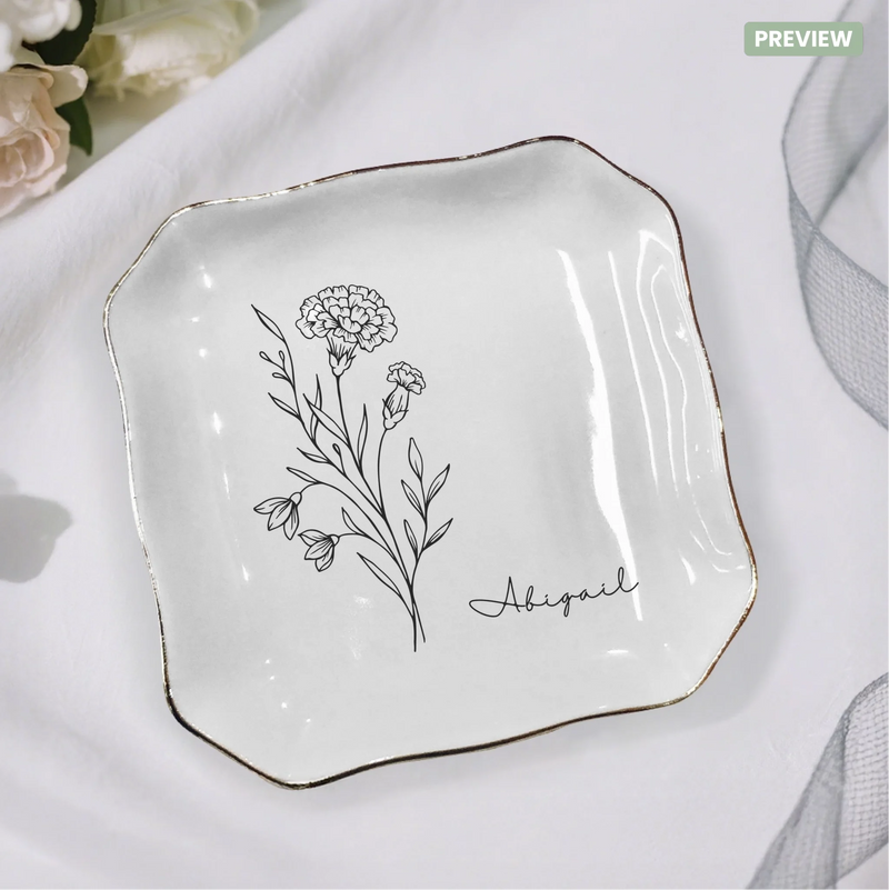 Personalized Birth Flower ceramic ring dish - blank mockup showing white ceramic with gold accents