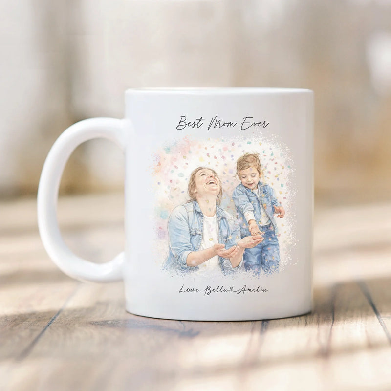 Mother's Day Watercolor Portrait personalized mug, front view with custom design, gift for mother