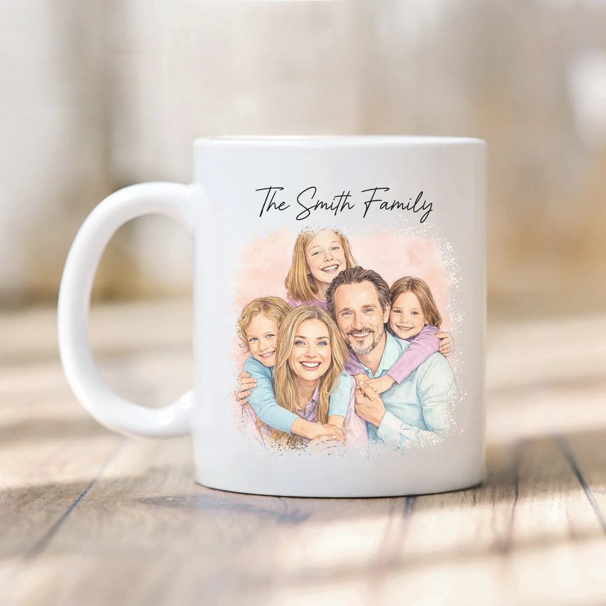 Watercolor Family Sketch personalized mug, front view with custom design