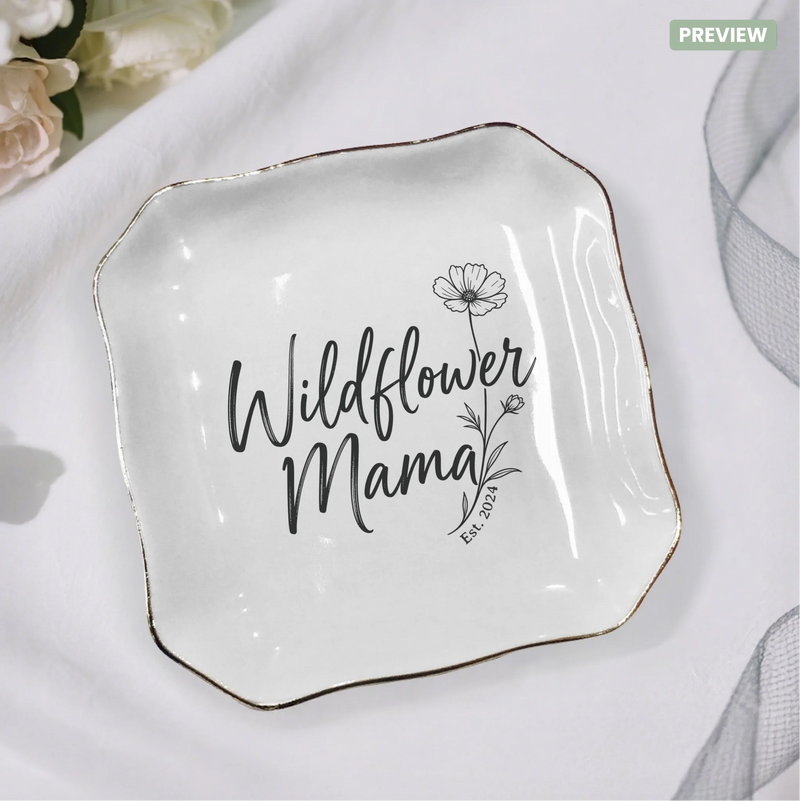Wildflower Mama Ring Dish personalized ceramic ring dish - blank mockup showing white ceramic with gold accents