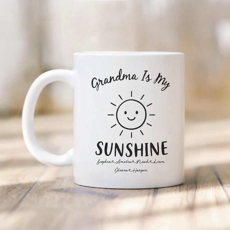 Grandma Is My Sunshine personalized mug, front view with custom design, gift for grandma