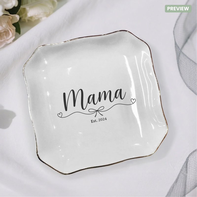 Mama Ring Dish personalized ceramic ring dish - blank mockup showing white ceramic with gold accents