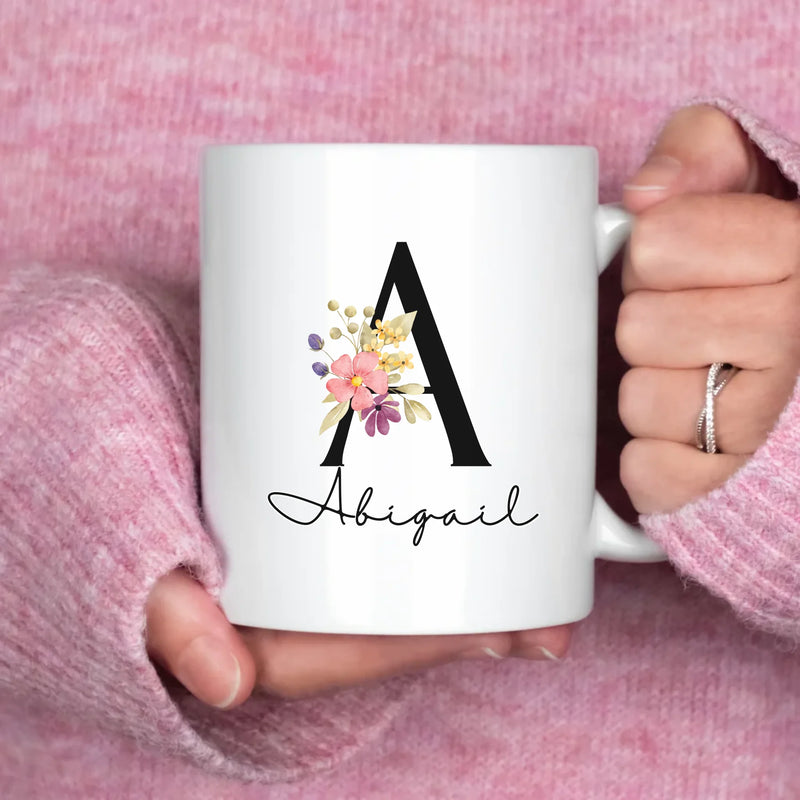 Petals & Personalities personalized mug, front view with custom design, gift for mom