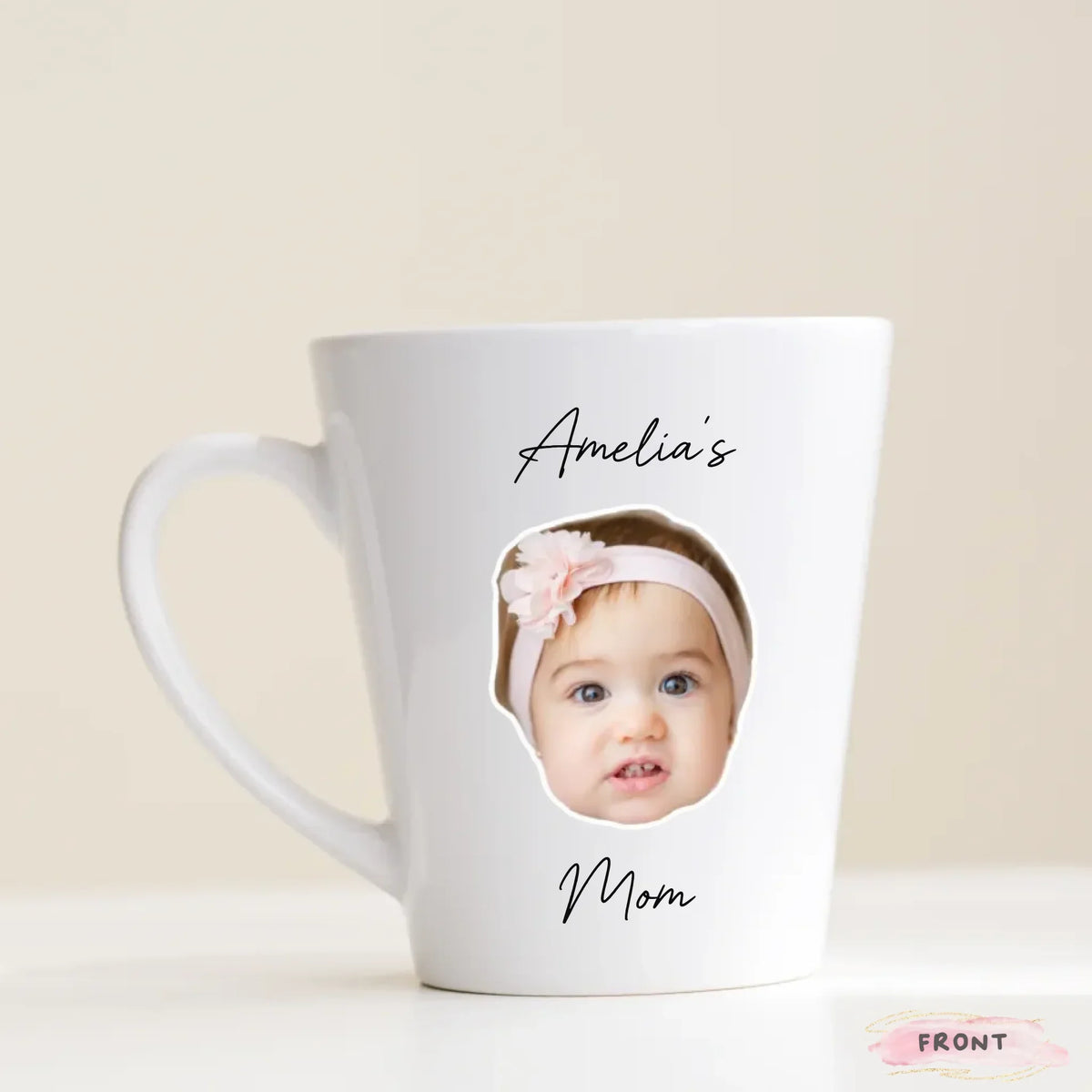 Mom keepsake mug with personalized child photo face, 11oz white ceramic
