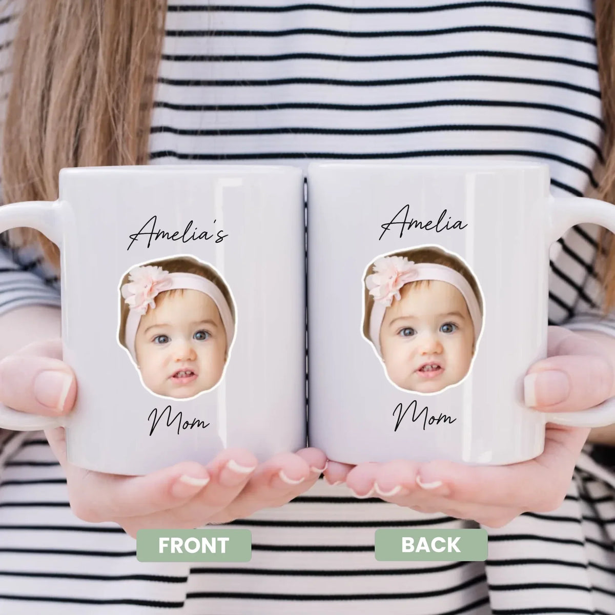 Close-up of custom child photo print on personalized mom mug