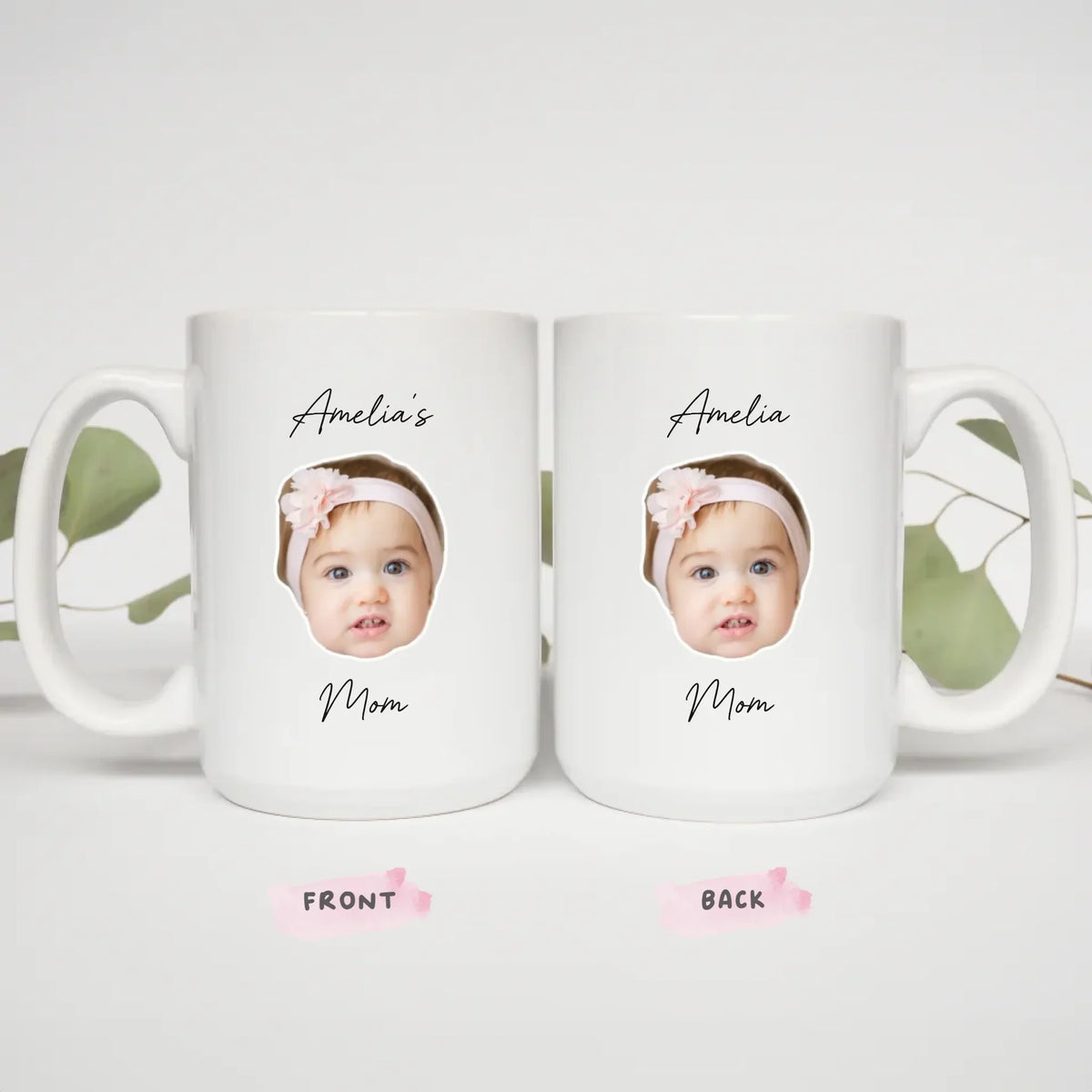 Personalized mom photo mug size options, 11oz and 15oz custom mug