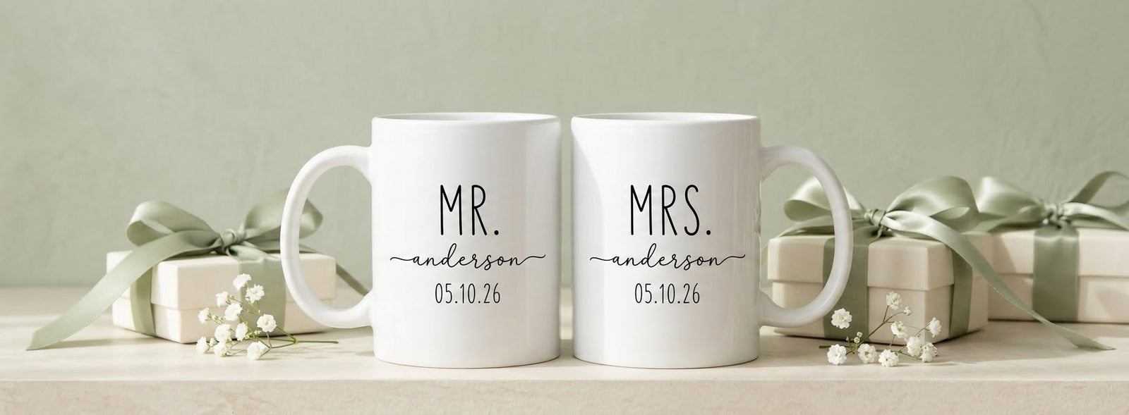 Personalised Mr. and Mrs. wedding mugs with sage-ribboned gift boxes