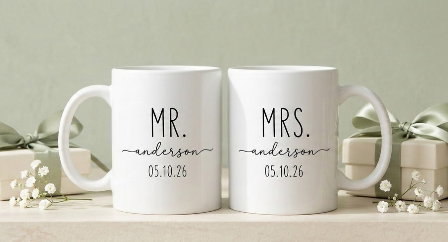 Personalised Mr. and Mrs. wedding mugs with sage-ribboned gift boxes