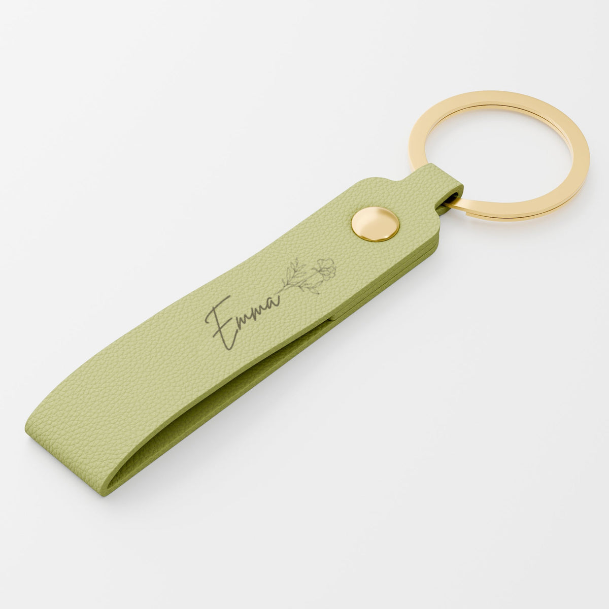 Personalized birth flower name leather keychain - Sage Green