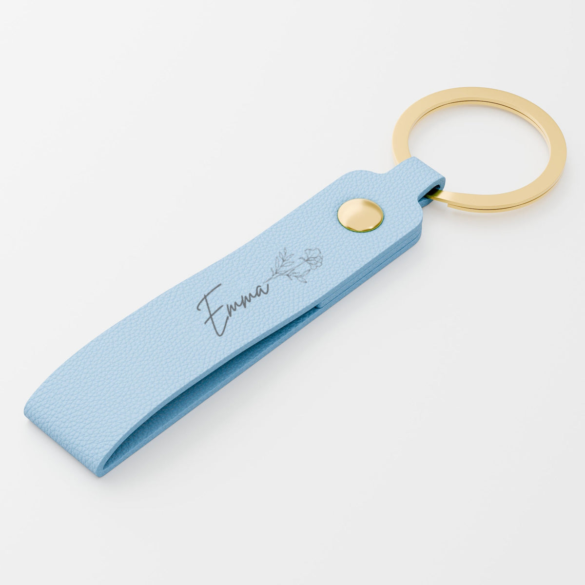 Personalized birth flower name leather keychain - Baby Blue