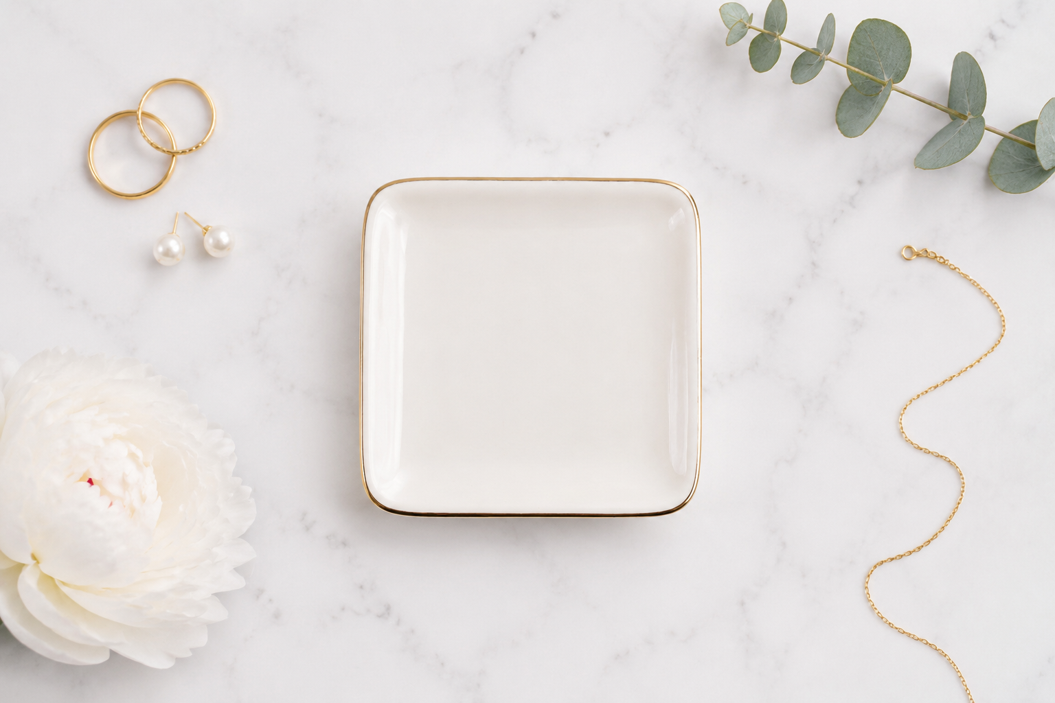 Little Landing Place personalized ceramic jewelry dish, square shape with gold trim, blank mockup - keepsake gift