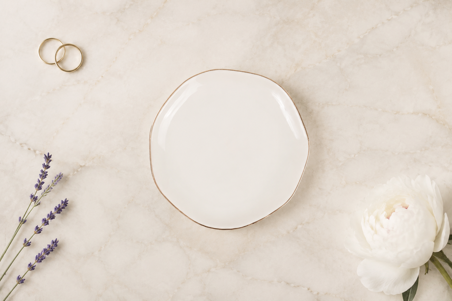 Little Landing Place personalized ceramic jewelry dish, wavy round shape with gold trim, blank mockup - keepsake gift