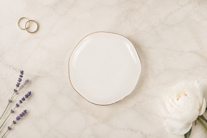 Little Landing Place personalized ceramic jewelry dish, wavy round shape with gold trim, blank mockup - keepsake gift