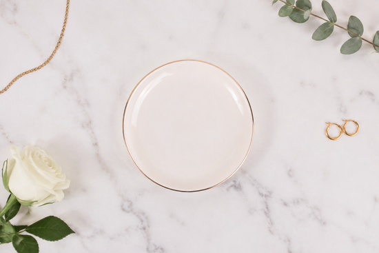 Little Landing Place personalized ceramic jewelry dish, classic round shape with gold trim, blank mockup - keepsake gift