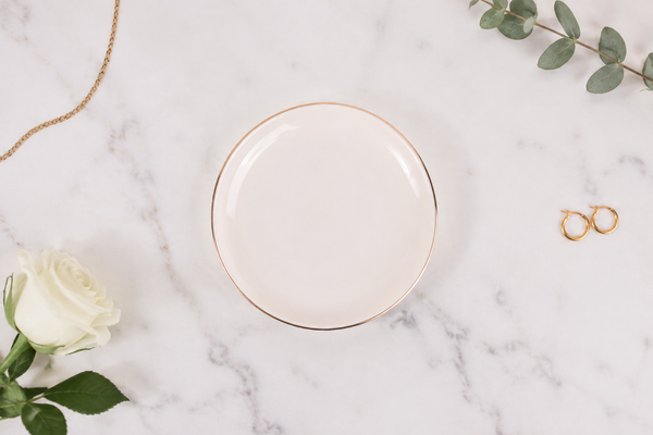 Little Landing Place personalized ceramic jewelry dish, classic round shape with gold trim, blank mockup - keepsake gift
