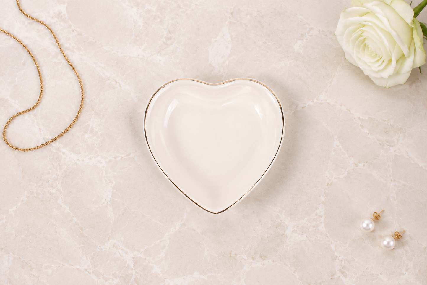 Little Landing Place personalized ceramic jewelry dish, heart shape with gold trim, blank mockup - keepsake gift