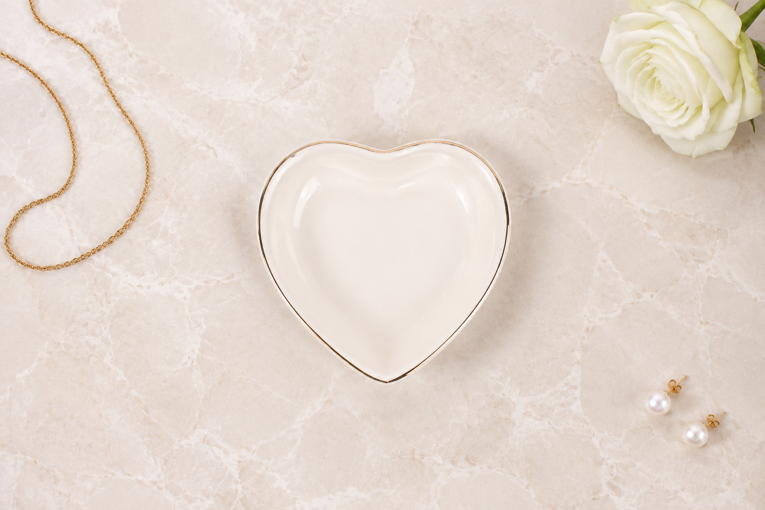 Little Landing Place personalized ceramic jewelry dish, heart shape with gold trim, blank mockup - keepsake gift