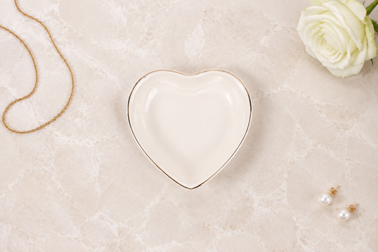 Little Landing Place personalized ceramic jewelry dish, heart shape with gold trim, blank mockup - keepsake gift