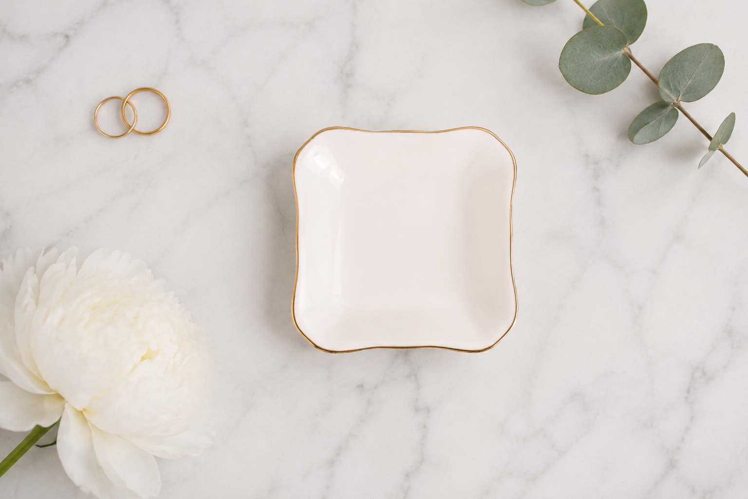 Little Landing Place personalized ceramic jewelry dish, scalloped square shape with gold trim, blank mockup - keepsake gift